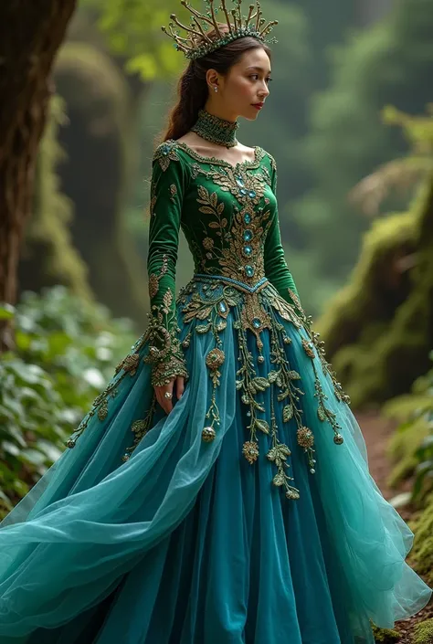 The Earth-inspired haute couture gown is a stunning fusion of blue, green, and brown, symbolizing the planet’s oceans, forests, and soil. The bodice is sculpted from emerald green velvet, adorned with intricate leaf-shaped embroidery in bronze and gold thr...