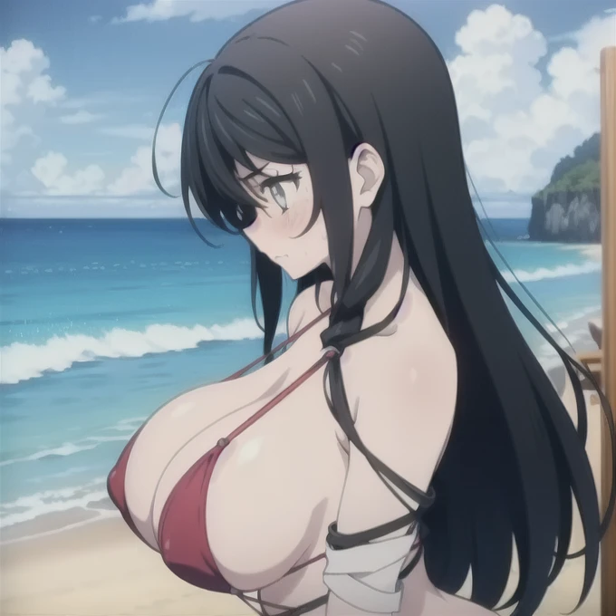 masterpiece, best quality, highres, black hair, yellow eyes, cowboy shot, standing, beach, Black micro bikini, embarrassed, blush, sexy pose,Left arm fully bandaged, very large breasts, perfect body,beauty,very huge breasts,narrow waist,bust size is 250cm ...