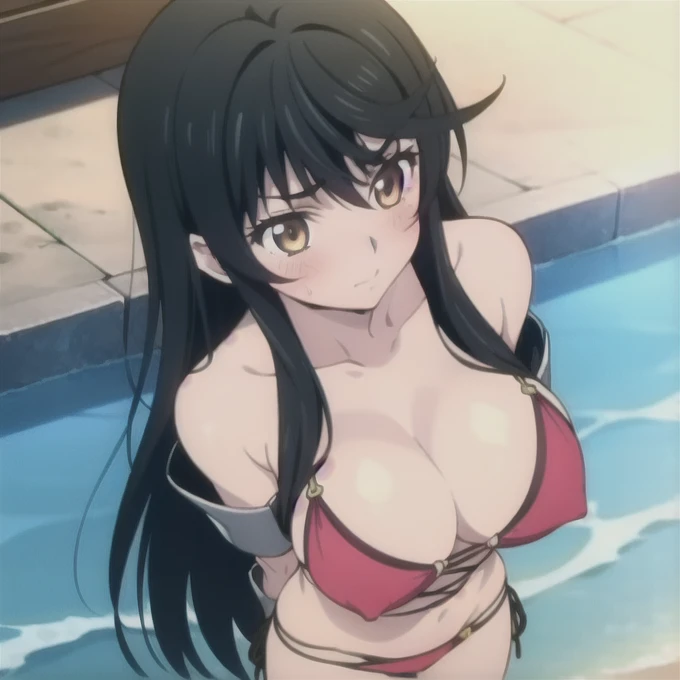 masterpiece, best quality, highres, black hair, yellow eyes, cowboy shot, standing, beach, Black micro bikini, embarrassed, blush, sexy pose,Left arm fully bandaged, very large breasts, perfect body,beauty,very huge breasts,narrow waist,bust size is 250cm ...