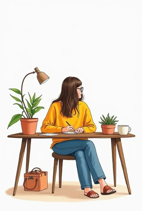  Watercolor image of a woman sitting in front of a table,  painting drawings in a Bobbie Goods coloring book . simple image, few objects in the scene ,  style notebook , estilo BOLD AND EASY, colorful, Minimalist