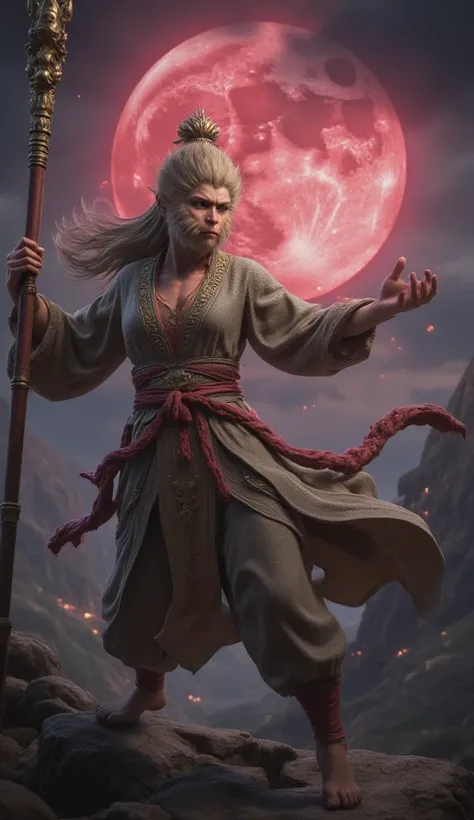 (Photorealism:1.2) masterpiece, 8k, high resolution, best quality, a woman as wukong, four wukong woman , blonde long hair flow of the wind, fur every where body like monkey and pink power aurora glowing everywhere, beauty and proportional body flying in t...