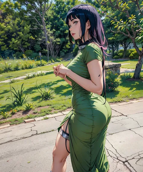  Hinata Hyuga in a green dress walks down the street.,  tight dress, sexy dress, , cintura delgada y  high hip, , Half pink, tight dress,  wearing simple, tight clothing , pose lateral,  high hip, olive green,  curvy model , cor da pelle da  , Linda Chica 