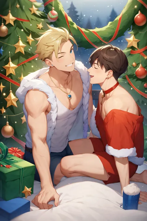  Very detailed 、  high resolution 、​masterpiece、Sharp focus、  Official Art  , Romantic , Christmas   、 Casual wear,  บรรยากาศ Christmas、 Men and women 