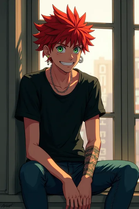  My hero Academia character , He is red-haired, has green eyes,  he has freckles but has a very masculine face,  he is smiling and he has eyelets ,  he is sitting in a window of a building ,  he has a black t-shirt and jeans ,  on his neck he has a tattoo ...