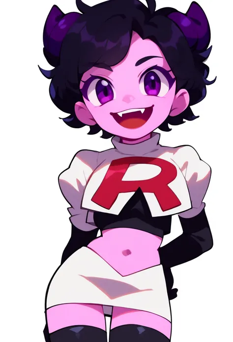 jellybean_yt, solo, looking at viewer, smile, short hair, open mouth, black hair, 1girl, white background, purple eyes, female focus, horns, teeth, colored skin, fangs, team rocket,team rocket uniform,white skirt,red letter R,crop top,black thigh-highs,bla...