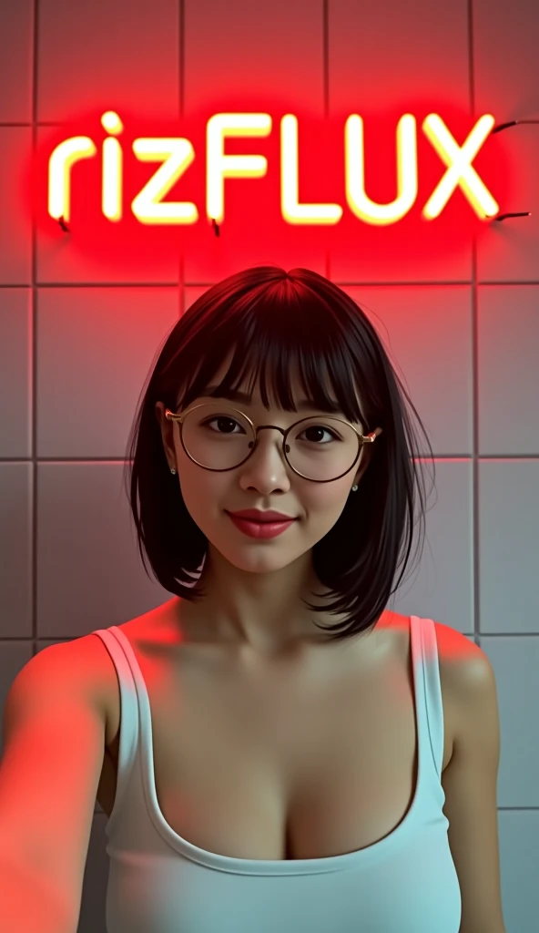 behind her big neon red light that read "rizFLUX Realist X",a pov of taking an instagram selfie a cute woman,againts square paterned wall,without make up,slight smile with slight open mouth,she has medium black hair with bangs,wearing circular glasses,wear...