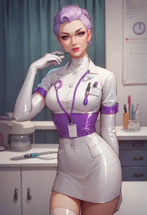 1girl, ((white elbow gloves)), ((surgical gloves)), ((latex gloves)), ((purple surgeon outfit)), looking at viewer, ((doctor)), ((long sleeves)), standing, solo