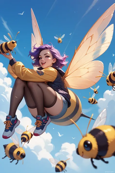 bees flying around, says H!VE in the back, purple