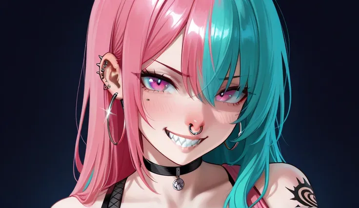 Vibrant, high-contrast anime-style illustration featuring a female character with a striking appearance. She has long, dual-colored hair, with one side pink and the other teal, styled in a wild, tousled manner. Her facial features include sharp, confident ...