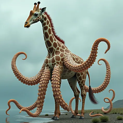 Create a hyper-realistic and highly detailed hybrid creature combining an octopus and a giraffe. The creature has the elongated neck and head of a giraffe, complete with its distinctive ossicones and patterned fur. Instead of legs, it has eight octopus-lik...