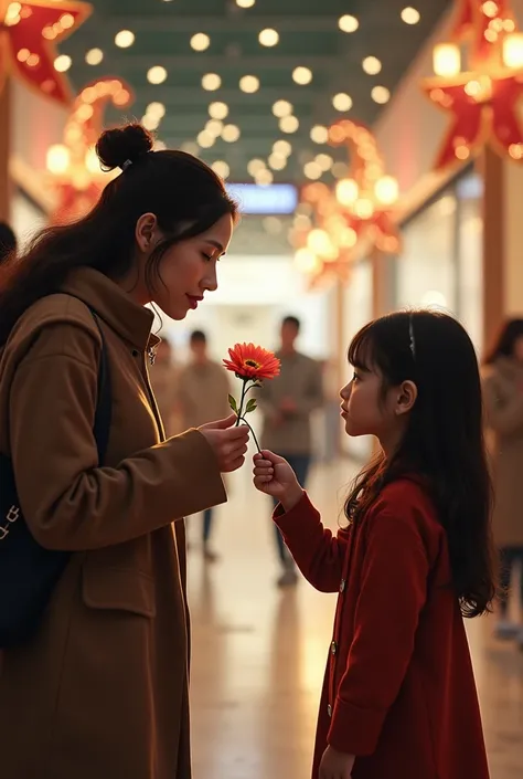 24-year-old woman looking at the girl holding a flower with a gesture of surprise and emotion.
 They are in a mall, the woman is in a line in a store and the girl is a little further away. 
 
transition where 24-year-old women leave the shopping mall line....