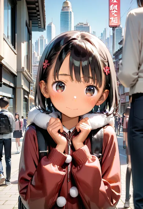 masterpiece, best quality, 24k, ((Japanese young girl, elementary school student:1.3)), Being thin, ((cute Face:1.4)), ((whole body)), ((Tanned brown skin:1.5)), (Black Hair:1.3), ((city background, day time, winter:1.3)), ((embarrassed light smile:1.3)),