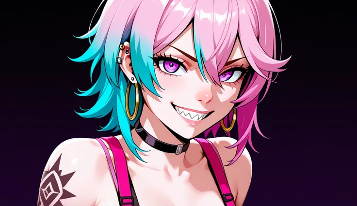 Vibrant, high-contrast anime-style illustration featuring a female character with a striking appearance. She has long, dual-colored hair, with one side pink and the other teal, styled in a wild, tousled manner. Her facial features include sharp, confident ...