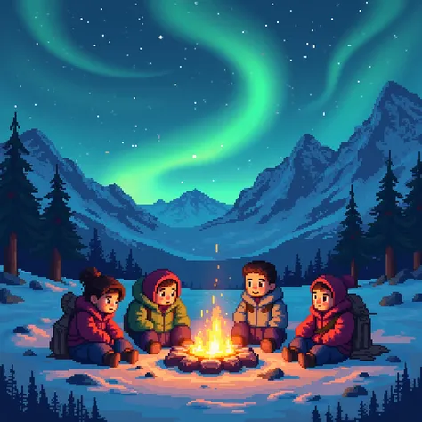 A group of pixelated characters around a campfire sharing stories as the Northern Lights shine in the sky.