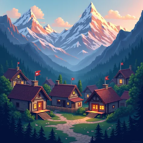 The pixelated village seen from above ,  with lights on in the houses and the mountains shining in the background.