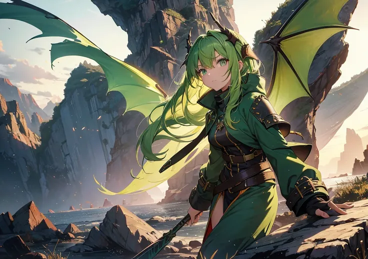 A dragon-inspired girl with wild, spiky green hair resembling the scales of a dragon. Her eyes are a glowing yellow-green, reflecting the vibrancy of a dragon’s flame. She wears a rugged, adventure-ready outfit with leather accents and small, dragon-like w...