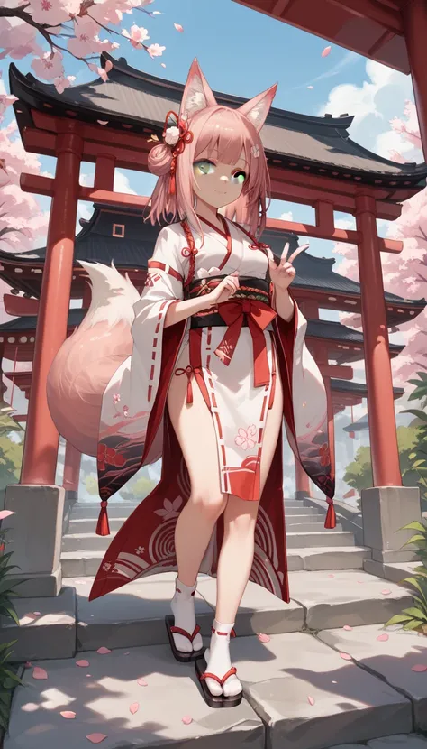 1 girl, solo, full body front view, reference pose, Arknights style, Shrine maiden clothing, Pink hair, Grey eyes, Sakura petals themed, Fox ears, 1 fox tail, tabi socks, no shoes