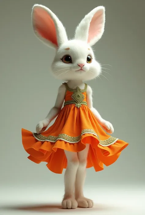 A rabbit with a human body wearing an orange dress with green details 