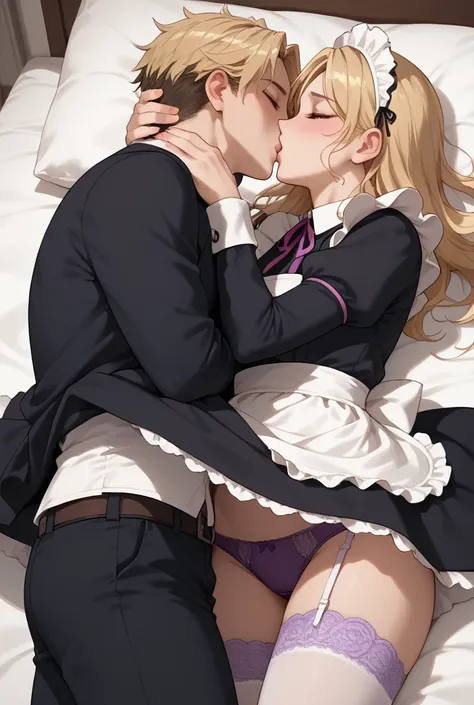   Boy dressed in a jacket   ,    is kissing a beautiful blonde maid , The maid is lying on a bed  ,    the boy is on top of the maid   ,    the maid is dressed in her maid costume, The skirt was lifted  ,    Purple panties with lace   , very elaborate ,  p...