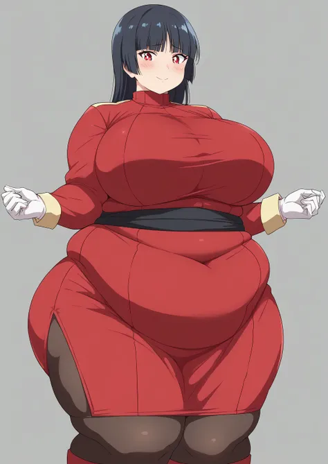 Jujube, sabrina, Black Hair,  long hair, bangs, blunt bangs,  red eyes, hime cut, side lock, white pupils,
 jacket,  crop top ,  Bodysuit ,  covered navel , midriff, red  jacket,  turtleneck,  side slits,  gloves, white  gloves,  Long Sleeve ,  pantyhose, ...