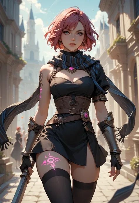 nel zelpher, fuchsia hair in a bob style, black dress, short dress, open sided dress, striped scarf, vambraces, fingerless gloves, black thighhighs, glowing tattoo on thighs