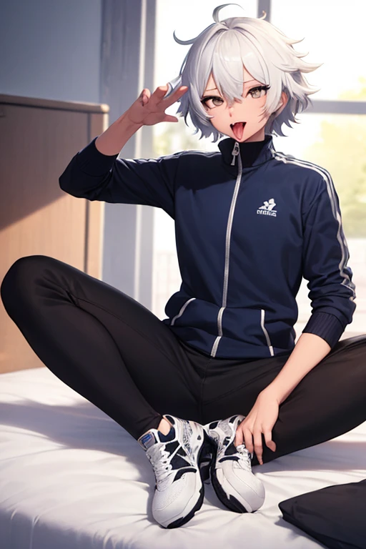 (( top quality )), ((masterpiece)), (  Details),  one boy , Women,  short hair, White Hair,  tousled hair, Bedhead,  zitoida, Narrow eyes,  dark eyes,  has pimples under her eyes, blue and black jacket,  white shirt,  black jersey pants ,  sneakers,  stick...