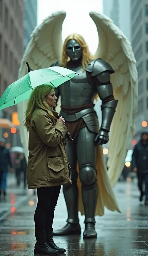 On a busy sidewalk in a city filled with tall buildings, a close-up of a blonde woman as she stands, holding a light green umbrella, calling for a taxi. one of his hands is calling for a taxi. Her expression is focused and determined as she waits. Behind h...