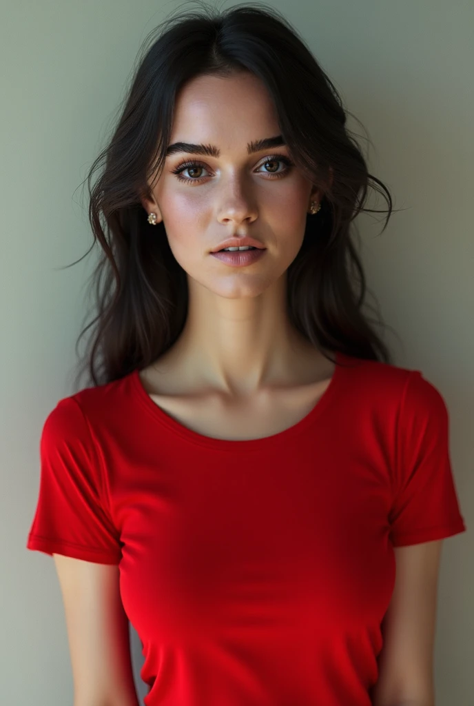 Create the same girl, with the same face, and same body, but change the color of the top shirt to red. MAKE THE SAME IMAGE, ONLY CHANGE TO COLOR RED THE SHIRT