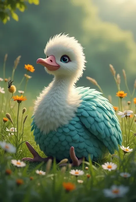 I need a hyper-realistic image of a dodo .  It has long tropical tail feathers and bluish green and white plumage.  It has a peaceful aura and sits comfortably in the meadow  
