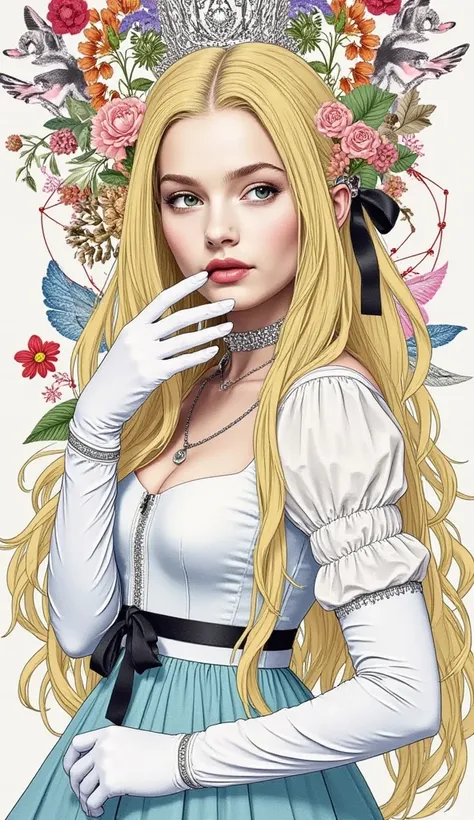 shoujo-style, floral background, romance manhwa, 1girl, blonde hair, solo, long hair, flower, dress, tiara, white dress, gloves, long sleeves, choker, green eyes, mascara, makeup, white gloves, black bow, black flower, wavy hair, bow, jewelry, looking at v...