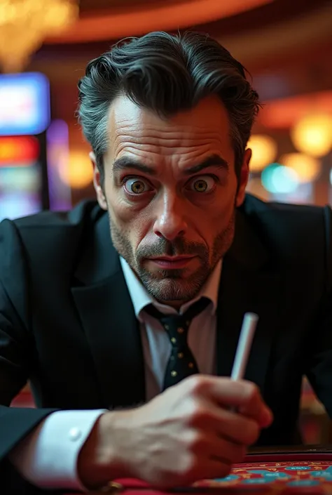 A man at a casino, he has huge, unusual eyes, is holding a straw next to a betting table. 