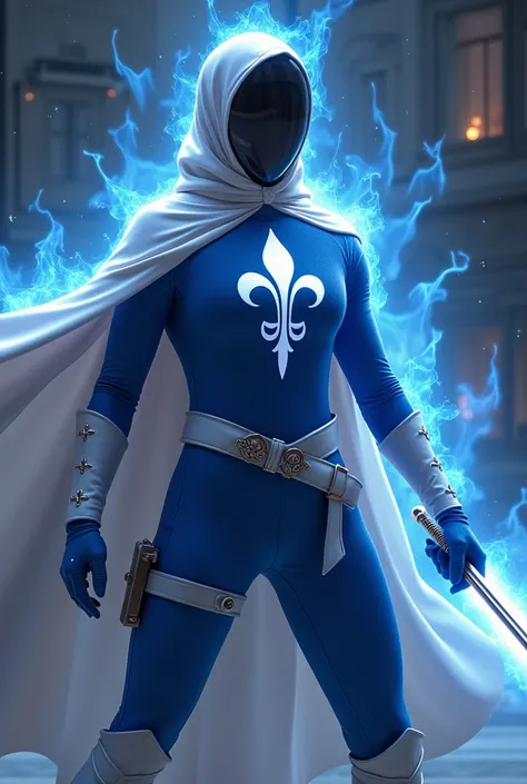 ((masterpiece, highest quality, Highest image quality, High resolution, photorealistic, Raw photo, Extremely detailed CG unified 8k wallpaper))Appearance: (Sleek, blue and white costume with a fleur-de-lis symbol and a flowing cape:1.9)

Power: (Mastery of...