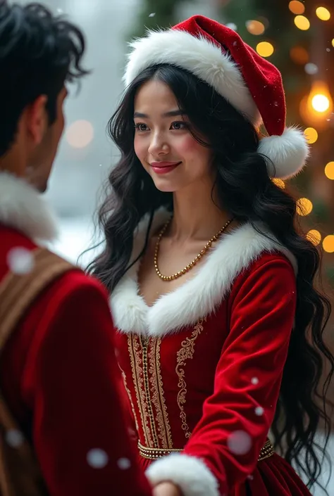 Beautiful black-haired girl dressed as Mother Claus greeting a man 