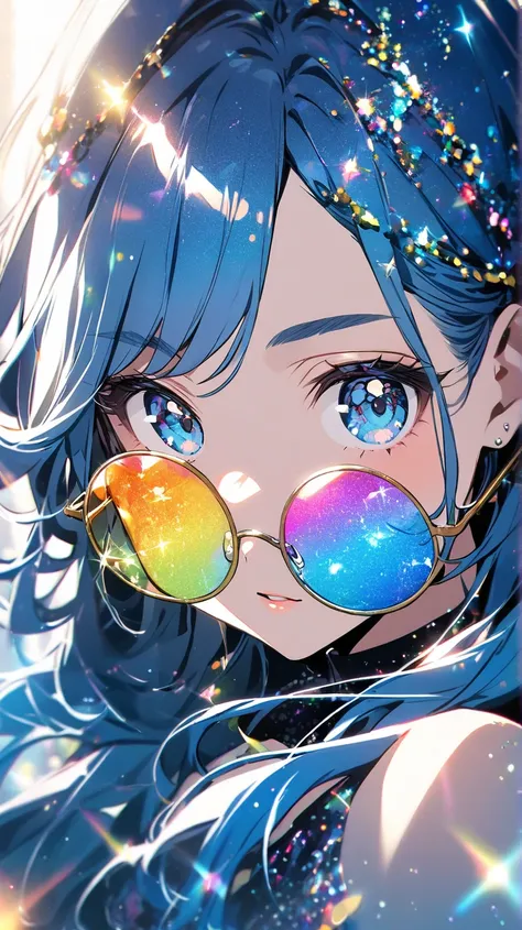 girl blue hair long hair blue eyes glitter effect,  glitter effect,  round sunglasses 