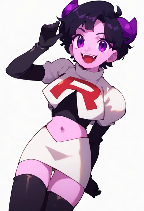 jellybean_yt, solo, looking at viewer, smile, short hair, open mouth, black hair, 1girl, white background, purple eyes, female focus, horns, teeth, colored skin, fangs, team rocket,team rocket uniform,white skirt,red letter R,crop top,black thigh-highs,bla...