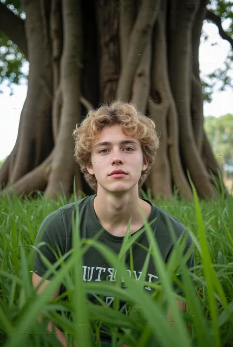  teenage boy, with curly blond hair ,  amber eyes , light skin, with subtle freckles ,  a mole near his left eye ,  y2k clothes and with the bottom of a tree in the middle of a beautiful field