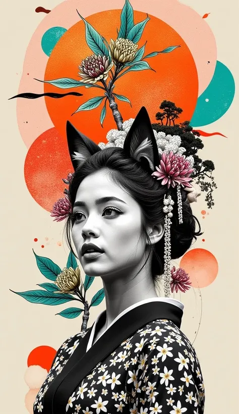 illustrated by Guo Chao style, poster design, in the style of psychedelic color schemes, hyper-detailed illustrations, 16k, a painting of a pagoda in the evening, in the style of graphic design-inspired illustrations, circular shapes detailed botanical ill...