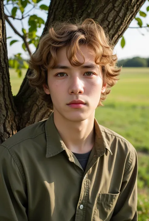  teenage boy, with curly blond hair ,  amber eyes , light skin, with subtle freckles ,  a mole near his left eye ,  y2k clothes and with the bottom of a tree in the middle of a beautiful field,  that looks full body 