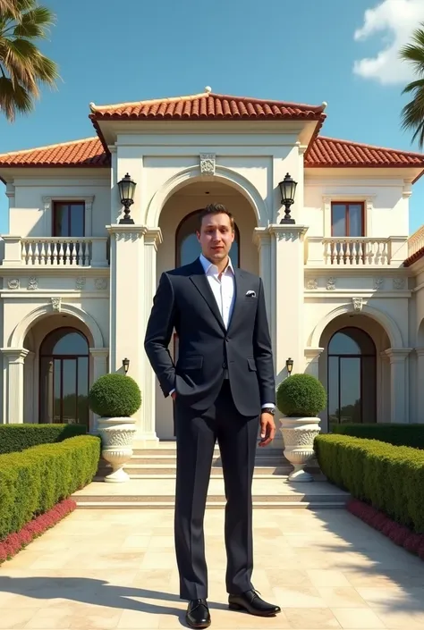 Make the guy from the picture standing outside a villa