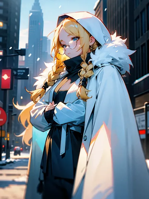 1female, blonde hair, braided hair, white oversized fur coat, blue shirt, black arm sleeve, black sweatpants, cloak, glasses, city, snowing