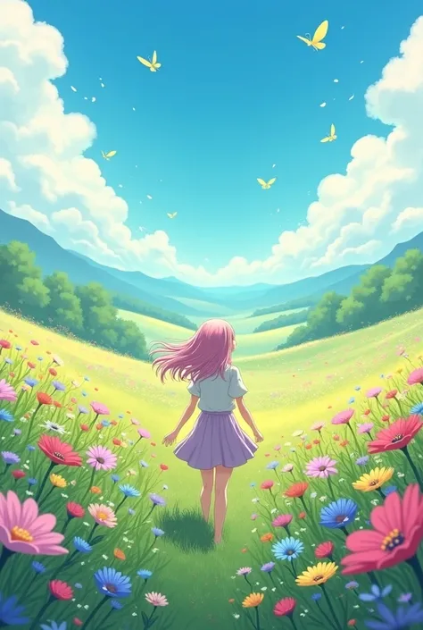 A  anime girl with no black hair walks back in a field of flowers