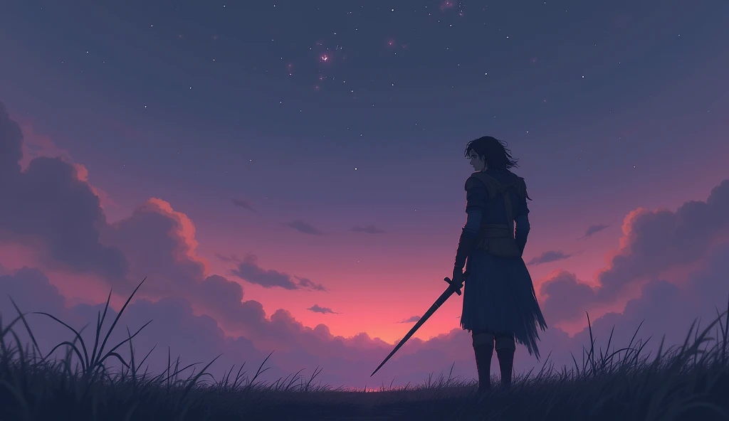 "A vivid image of David standing alone under a twilight sky, holding his sword loosely, his expression softened in deep thought, the scene filled with purples and blues, symbolizing calm after the storm, stars beginning to twinkle above."
