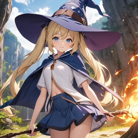 The girl who chants the magic of Fireball　(One Girl　Age 15　150cm　 wizard　witch　Blonde　 twin tails　 long hair　 blue eyes　 slender 　 small breasts　 Mages Robe　Archmage Wand 　 Witchs Chapeau　 miniskirt)　Outdoor　wilderness　anime style,　game CG,　 pixiv contest ...