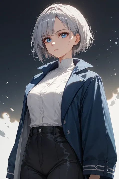   Silver Hair、  short hair、 Adult female、 standing、cool white clothes、Clothes with a coat of arms、Blue coat of arms、modern、 black pants、op quality 、masterpiece、   High Definition  、  detail eyes、  detailed face  、 expressionless、 blue eyes、