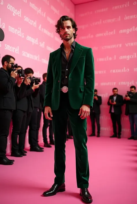  Creates an image of a tall Italian muscular man ,  curly wet middle hair brushed back ,  logos wear a velvet green suit ,  with a black diamond belt ,  with slightly buttoned black shirt underneath , Its a light pink wall / pink with repeated  "ANGELS SEC...