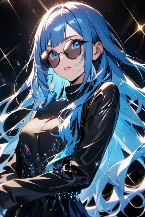 girl blue hair long hair blue eyes glitter effect, Black round sunglasses