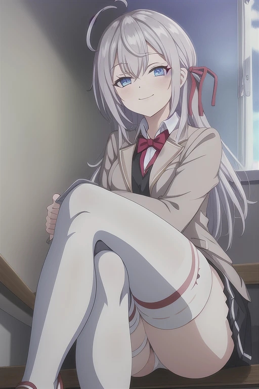 alisa, 1girl,solo,long_hair,looking_at_viewer,blush,smile,bangs,blue_eyes,hair_between_eyes,sitting,closed_mouth,school_uniform,jacket,hair_ribbon,white_shirt,ahoge,grey_hair,thighs,pleated_skirt,collared_shirt,indoors,miniskirt,black_skirt,red_bow,white_t...