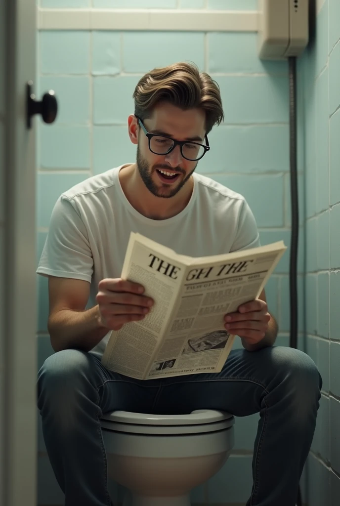 Handsome young daddy get diarrhea the toilet. Wearing glass, reading newspaper. Realistic.