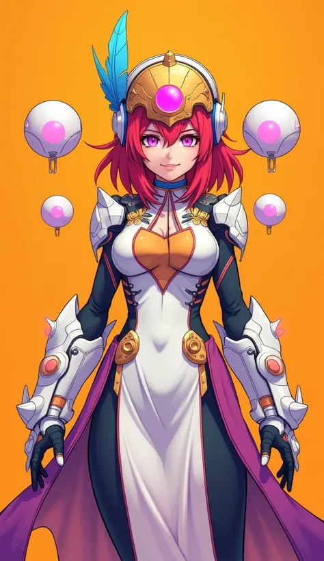 A character with a blend of mechanical and fantasy elements, set against a bright orange background. The character is a girl fighter with vibrant red hair, styled to convey motion, and glowing pink eyes. She wears a futuristic mechanical helmet designed wi...