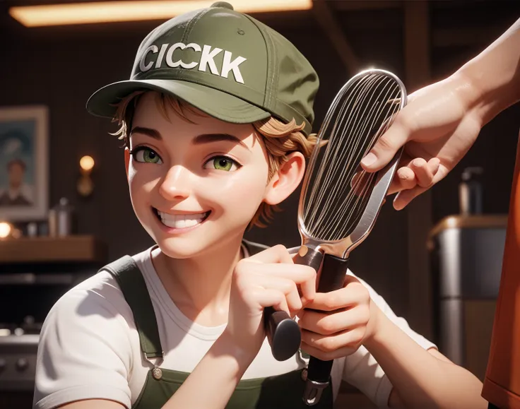 A young guy cook, on his head a cap, in one hand a whisk, in the other a knife, the guy is cheerful and smiling, the colors are bright and saturated, 3D rendering